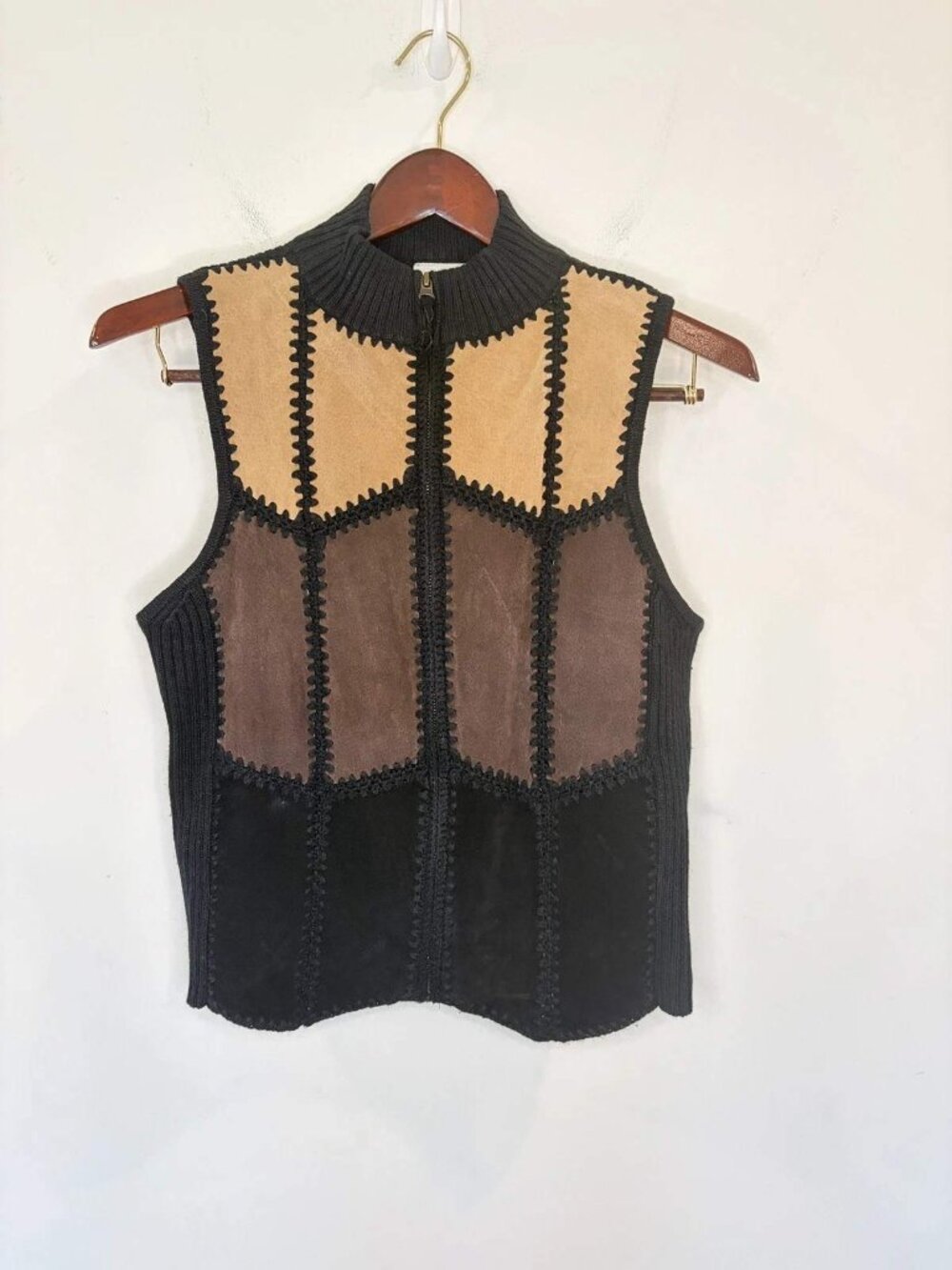 Studio Works Patchwork Genuine Leather Zip Vest Women's M Black Brown Beige